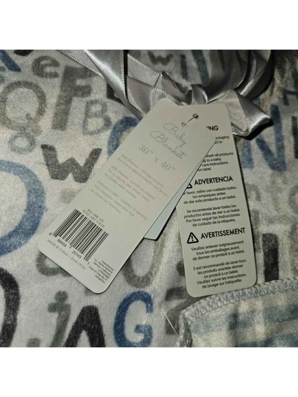 NEW 119741 Reversible Fleece Baby Blanket Gray Blue Letters Alphabet Stripes